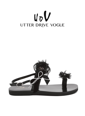 UDV夏季夹趾蝴蝶结凉鞋女2025新款平底度假凉拖鞋配裙子罗马拖鞋