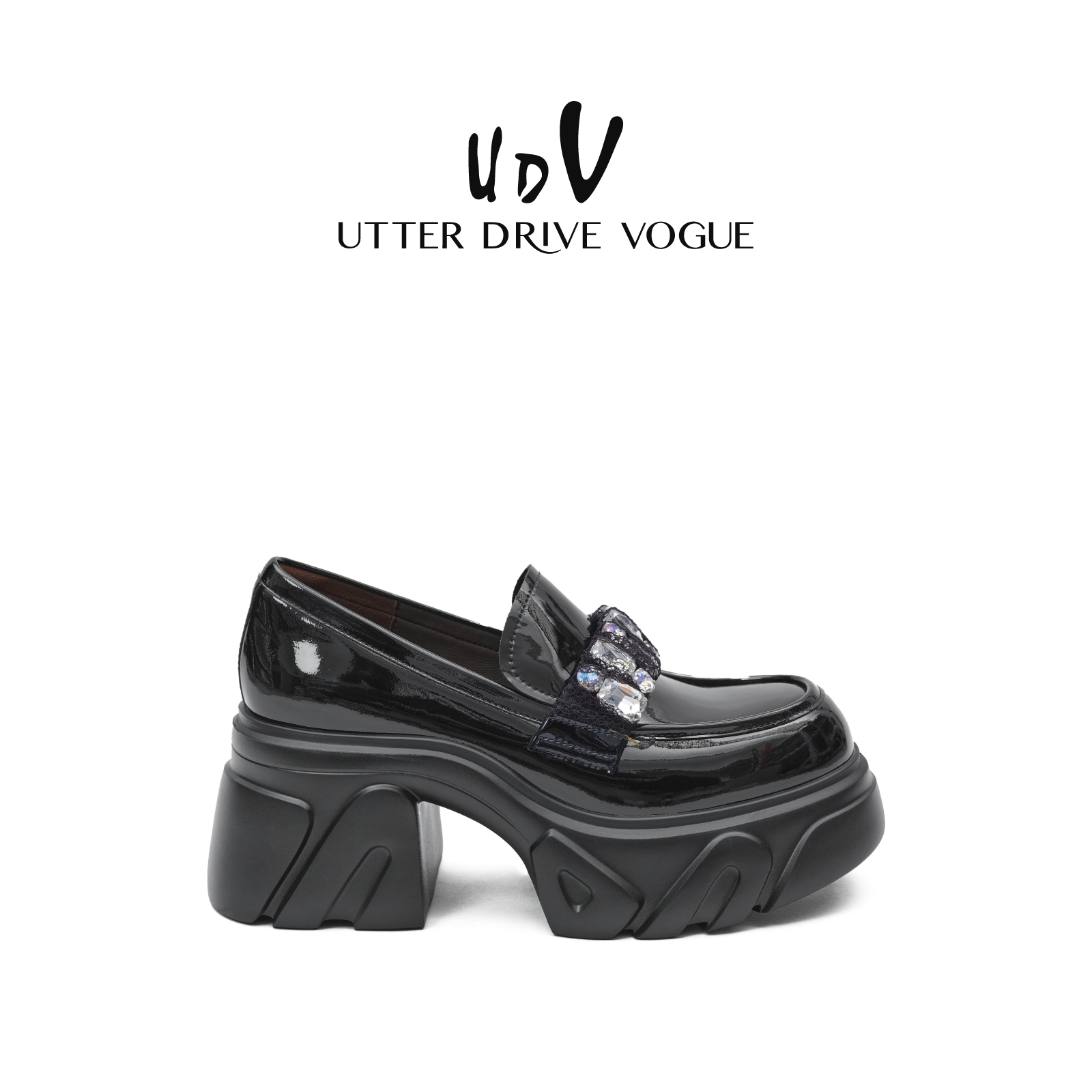 UDV英伦风厚底乐福鞋女2025秋季新款真皮小皮鞋一脚蹬水钻单鞋