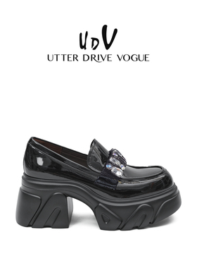 UDV英伦风厚底乐福鞋女2025秋季新款真皮小皮鞋一脚蹬水钻单鞋