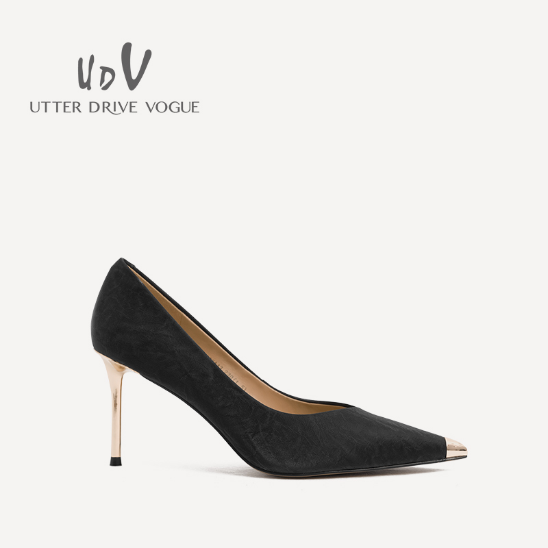 UDV2024秋季新款百搭真皮法式金属尖头细跟高跟鞋浅口单鞋女