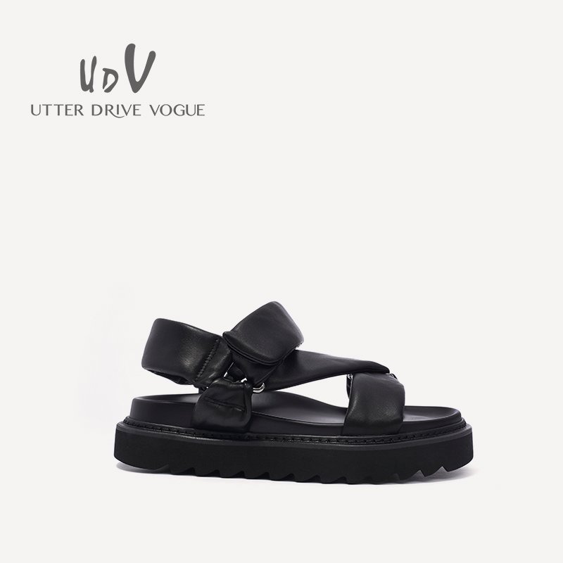 UDV2024春夏真皮羊皮潮酷面包拖鞋方圆头平底厚底时尚女鞋英伦风