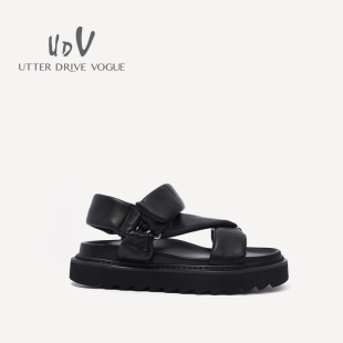 英伦风 女鞋 UDV2024春夏真皮羊皮潮酷面包拖鞋 方圆头平底厚底时尚