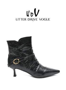 UDV时髦高级细跟高跟靴子女2025秋冬新款胎牛皮时装短靴褶皱百搭