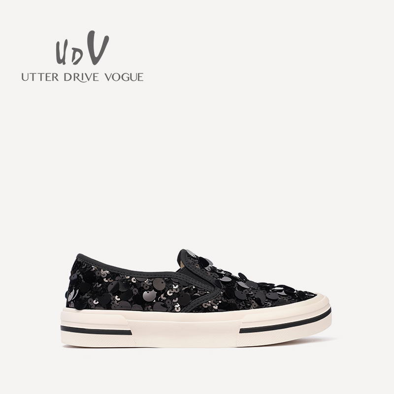 UDV2024春夏亮片帆布撞色乐福鞋圆头平底休闲运动风女鞋学生鞋