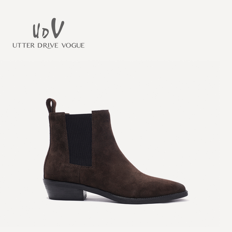 UDV2024秋冬新品真皮翻毛牛皮时装烟筒靴尖圆头平底低跟女鞋