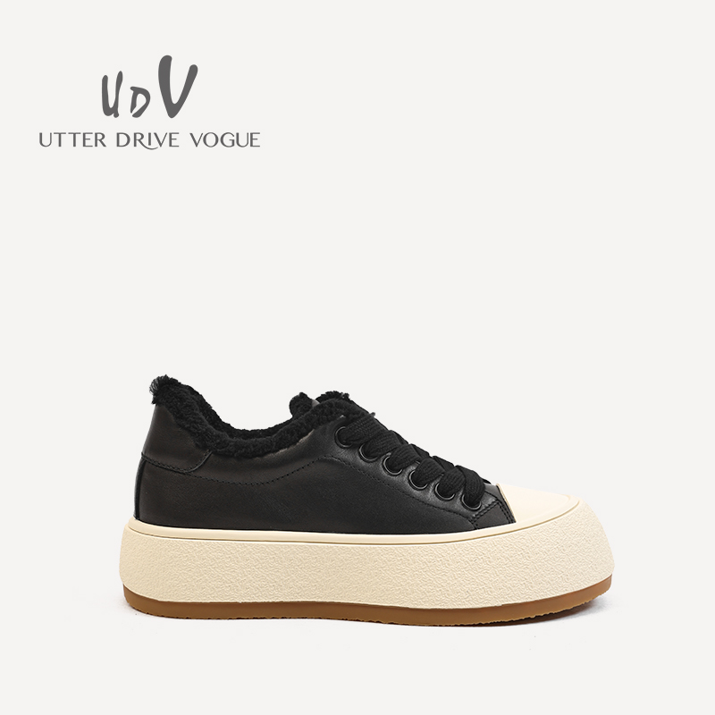 UDV2024秋冬新品真皮牛皮时尚休闲鞋圆头平底运动风女鞋加绒板鞋