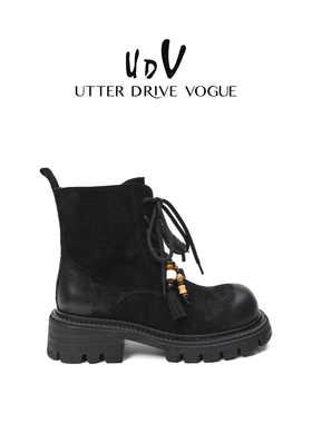 UDV厚底真皮英伦风马丁靴女2025秋冬新款时尚短靴小个子工装靴子