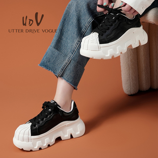 UDV2024秋冬真皮胎牛皮贝壳头滑板鞋 学院风 圆头厚底运动风女鞋