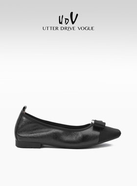 UDV方头平底通勤黑色单鞋女2025春季新款金属牛皮舒适超软懒人鞋