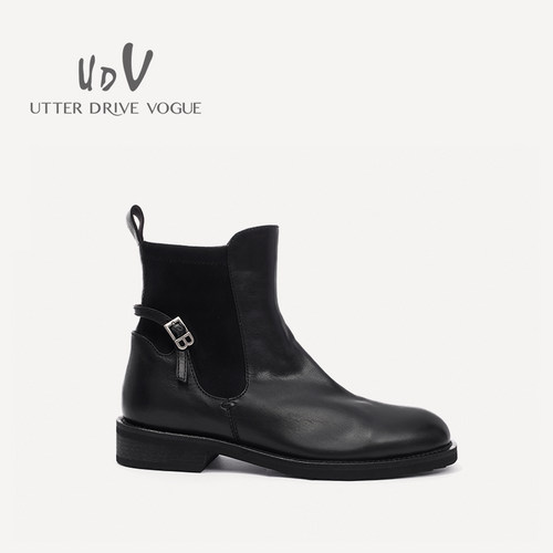 UDV2024秋冬新品真皮牛皮时装切尔西靴圆头平底马丁靴女鞋骑士靴