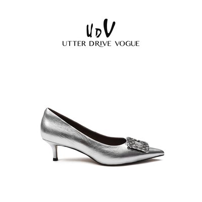 法式轻熟尖头中跟水钻方扣单鞋