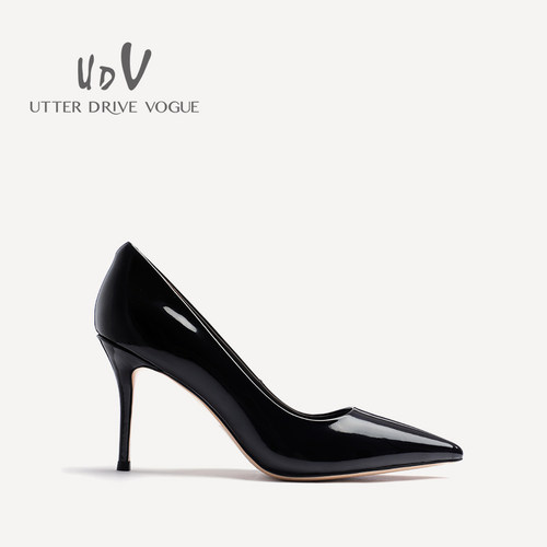 UDV2024秋季新款真皮牛漆皮气质女王款单鞋尖头高细跟礼服款女鞋