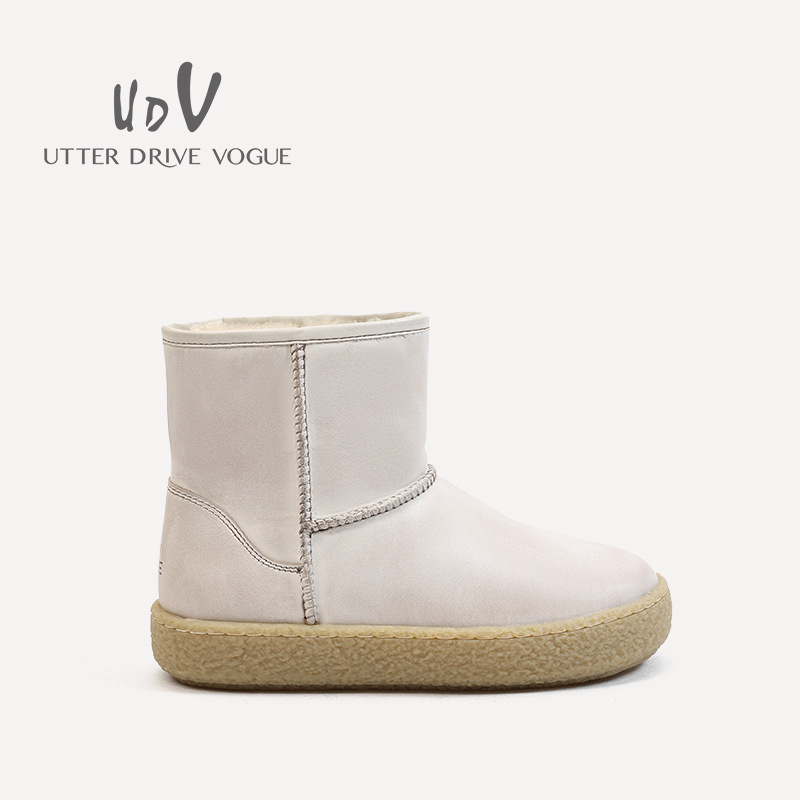 UDV2024秋冬新品真皮磨砂牛皮时尚雪地靴圆头平底休闲女鞋棉鞋
