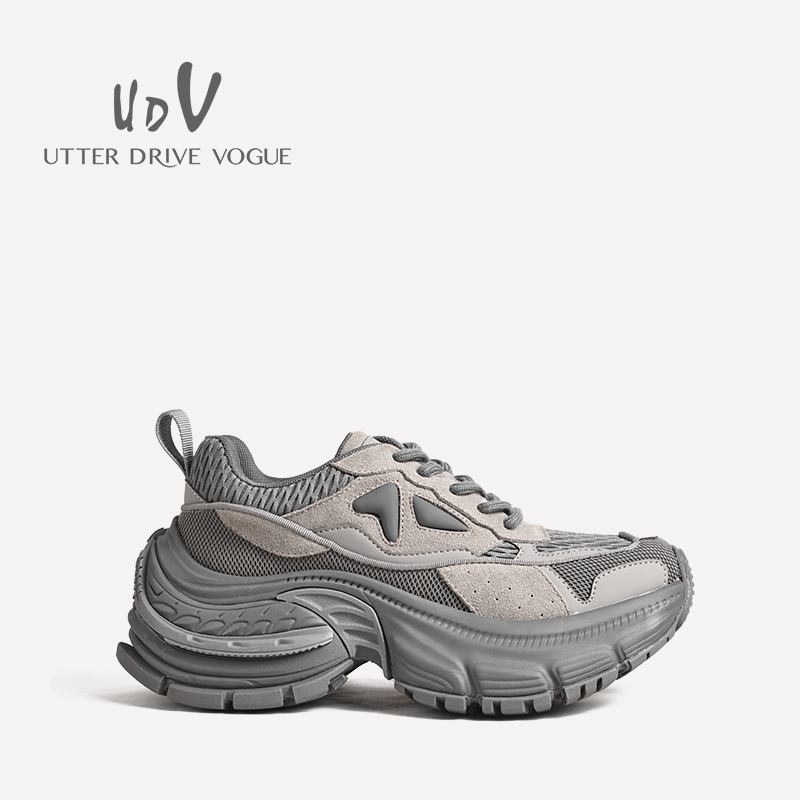 UDV2024秋冬真皮牛绒网布拼接轮胎鞋圆头厚底运动风女鞋老爹鞋