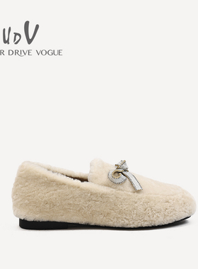 UDV2024秋冬新品羊毛卷休闲时尚棉鞋圆头平底女鞋毛豆豆加绒瓢鞋