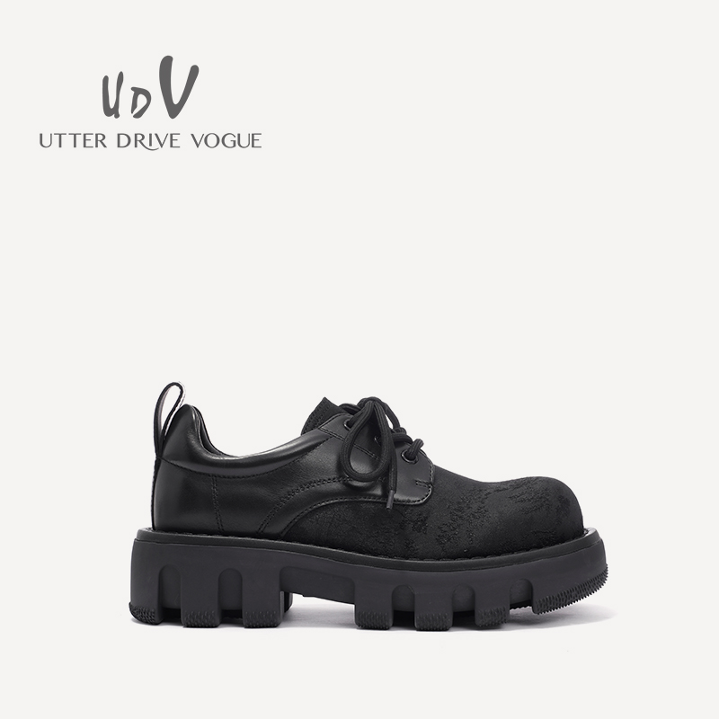 UDV2024秋冬新品真皮拼接时装深口单鞋方圆头平底英伦风女鞋