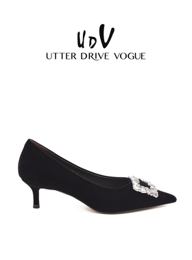 UDV黑色高跟鞋女中跟2025秋季新款法式气质单鞋水钻百搭职业女鞋