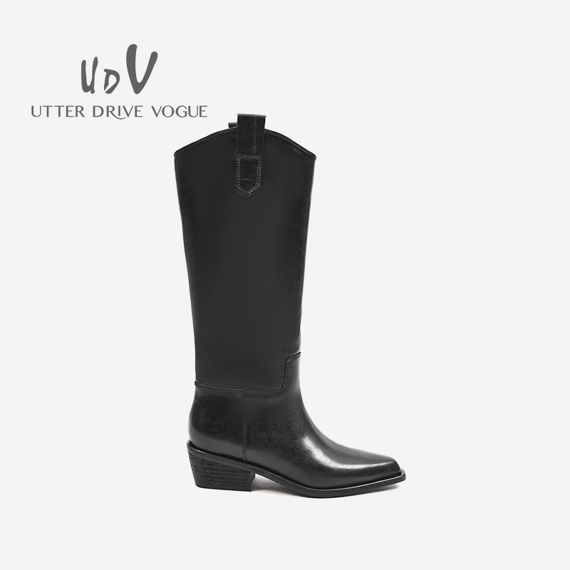 UDV2024秋冬新品真皮打蜡胎牛皮时装骑士靴尖头坡跟女鞋高靴