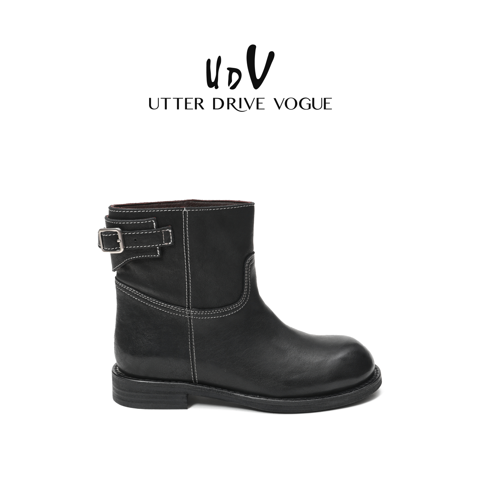 UDV水洗牛皮金属扣平度短靴2025秋冬新款工装靴宽筒切尔西靴粗跟