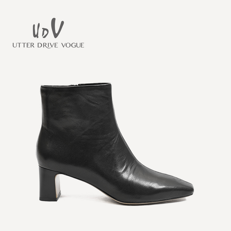 UDV2024秋冬新款优雅气质时装靴简约短筒侧拉链方头高跟女瘦瘦靴