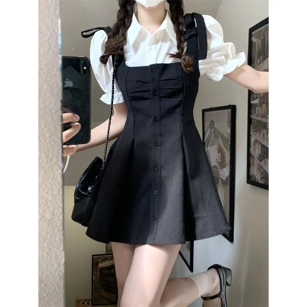 女纯棉白色短袖衬衫女新款蝴蝶系带收腰黑色连衣裙背带裙子套装
