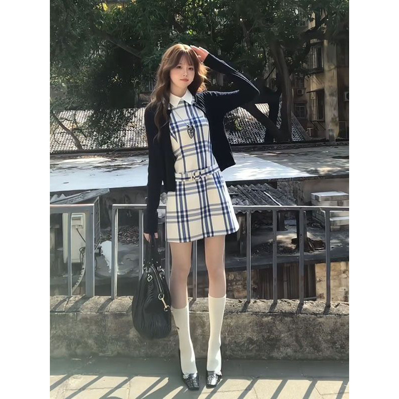 热卖棉质日系翻领背心短裙新款甜美穿搭整套格纹软糯针织开衫外套