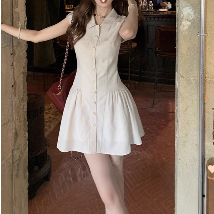 气质韩版学生polo领连衣裙美式辣妹修身显瘦裙子女夏无袖衬衫裙子