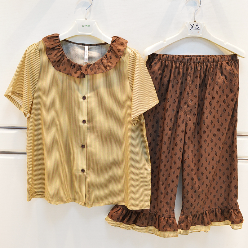 妮可雅睡衣夏季女士梭织纯棉个性时尚甜美时尚短袖七分裤家居服