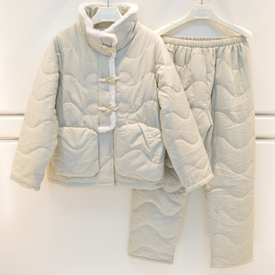 雪尔绵睡衣2026冬季女士浣溪纱三层加厚夹棉素色立领甜美家居服套