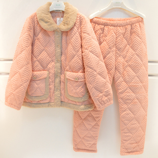 精雅睡衣冬季女士牛奶绒三层加厚加绒夹棉素色气质保暖棉袄家居服