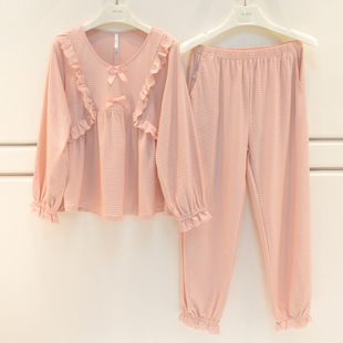 安之伴睡衣春秋季女士纯棉针织提花公主风日韩系复古长袖家居服套