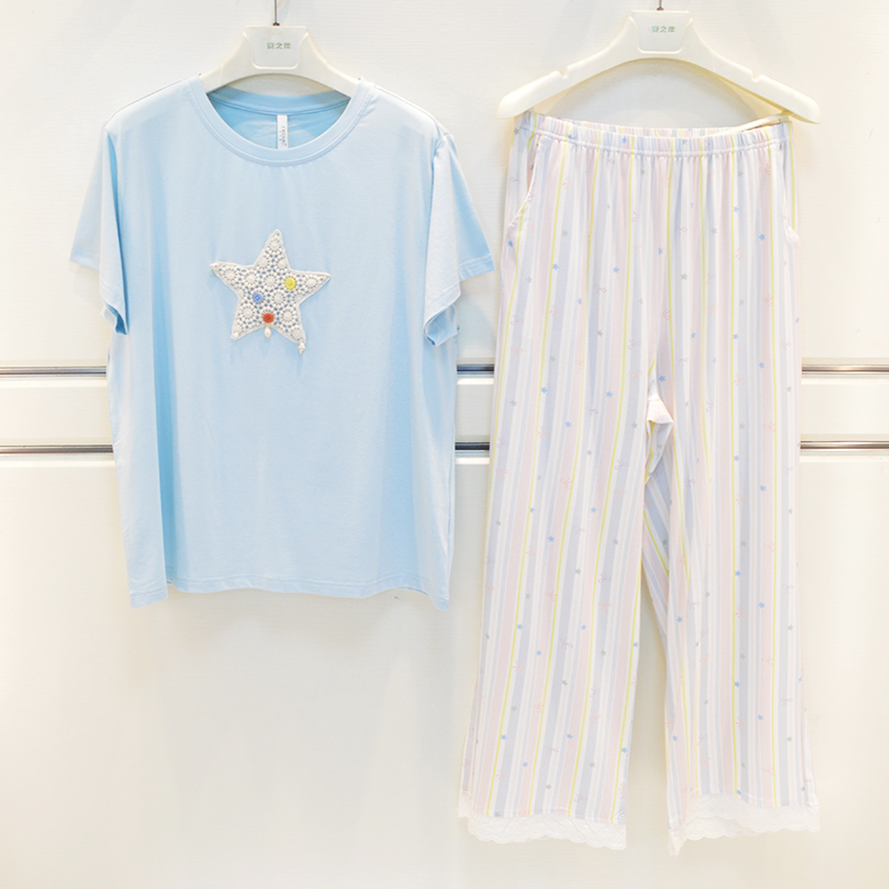 妮可雅睡衣2026夏季女士舒芙棉素色气质淑女可爱短袖长裤家居服套