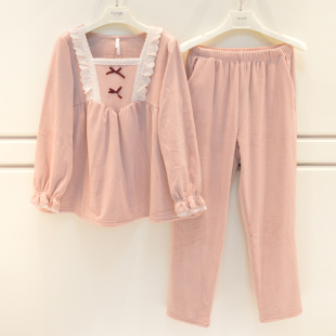 安之伴睡衣秋冬季新品女士海岛绒韩版公主风甜美薄绒保暖家居服套
