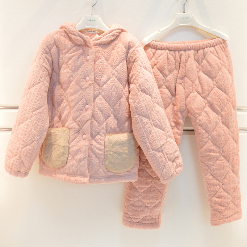 精雅儿童睡衣2025冬季女童牛奶绒夹棉三层加厚加绒连帽童装家居服