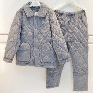 精雅睡衣2026冬季男士牛奶绒三层夹棉加厚加绒棉袄时尚家居服套