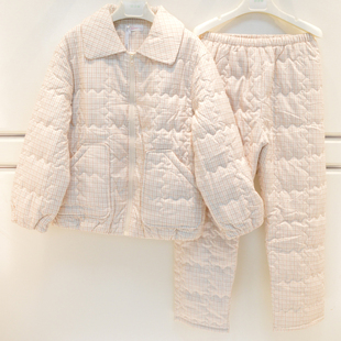 雪尔绵睡衣2026冬季女士浣溪纱小细格三层加厚夹棉拉链青年家居服
