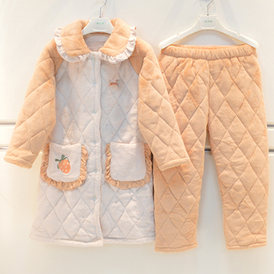 家居服 棉袄童装 妈咪印象儿童睡衣冬季 女童亲肤绒三层加厚夹棉长款