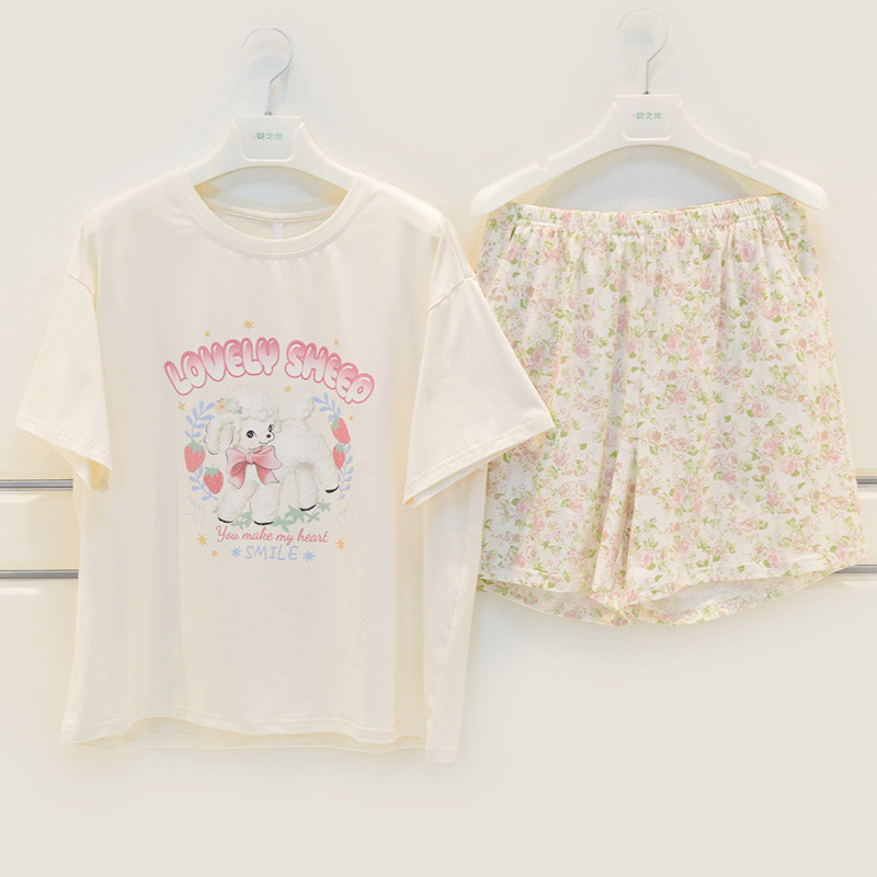 安之伴睡衣2026夏季女士纯棉针织字母卡通可爱短袖短裤淑女家居服