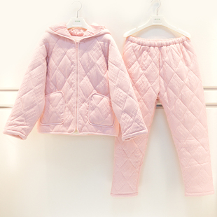 雪尔绵睡衣2026冬季女士酷丝棉三层加厚夹棉简约连帽青年家居服套