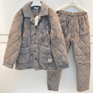 雪尔绵睡衣冬季男士法兰绒三层夹棉成熟稳重宽松保暖棉袄家居服