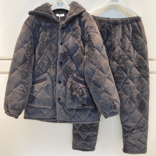 雪尔绵睡衣2026冬季男士素色法兰绒三层加厚夹棉连帽简约家居服套