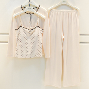 雪尔绵2026睡衣秋季女士莫代尔棉素色性感带胸垫长袖宽松家居服套