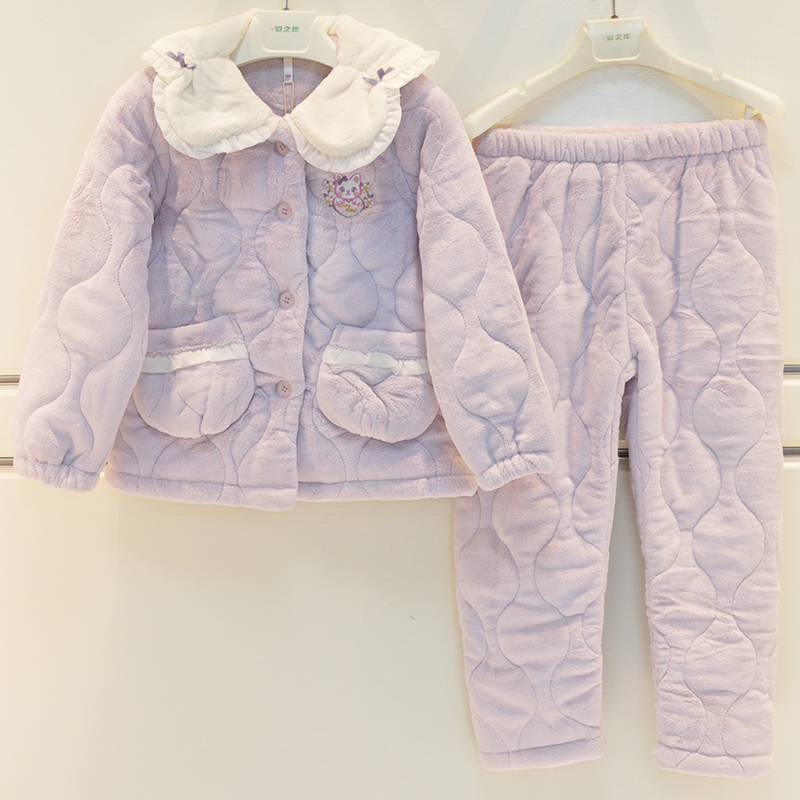 安之伴睡衣冬季女童三层加厚夹棉素色甜美可爱保暖棉袄童装家居服