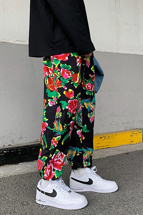 A090DK700P35加绒的45中国风东北大花裤子女国潮红情侣哈伦裤网红,男装休闲裤,电商A089-1