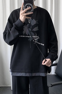 2021新款短句港风渐变玫瑰花假两件印花情侣卫衣男WY29-P55控78图片