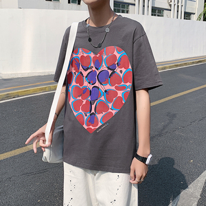 港风短袖T恤男韩版大码宽松原创爱心印花中袖情侣体恤T125图片