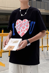 港风新款奶牛爱心印花T恤男夏季韩版情侣装半袖衫T126图片