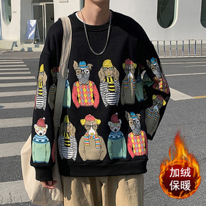 A090 WY53加绒圆领狗头卫衣男宽松潮牌嘻哈情侣外套限图片