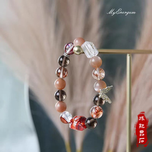 蝶翼穿花设计天然红胶花白水晶橙月光彩铜发晶茶晶手串 脉能晶石