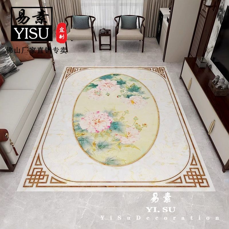 新中式客厅进门厅牡丹花卉地拼花地板砖拼图瓷砖仿水刀防滑地毯砖